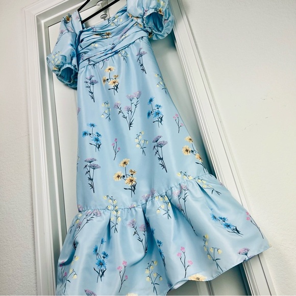 Self-Portrait Watercolour Puff Sleeve Taffeta Blue Floral Midi Maxi Dress 4 S - Picture 10 of 15